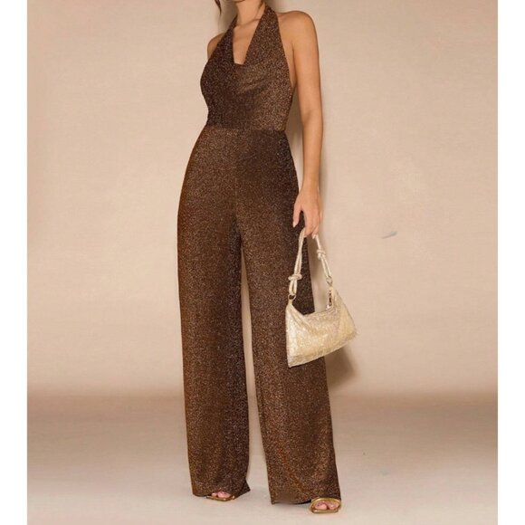 Minimalist Metallic Draped Neck Wide Leg Jumpsuit - Picture 1 of 6